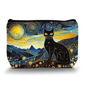 Cosmetic Bag Makeup Black Cat Stars Sky Cosmic Clutch Pouch Travel Storage NEW
